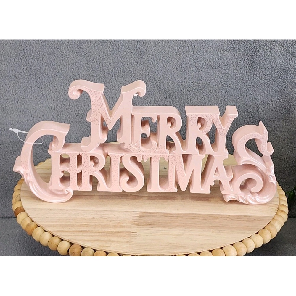 Pastel Pink Merry‎ Christmas Sign Tabletop 9.25" Resin Glitter Shabby Decor NEW